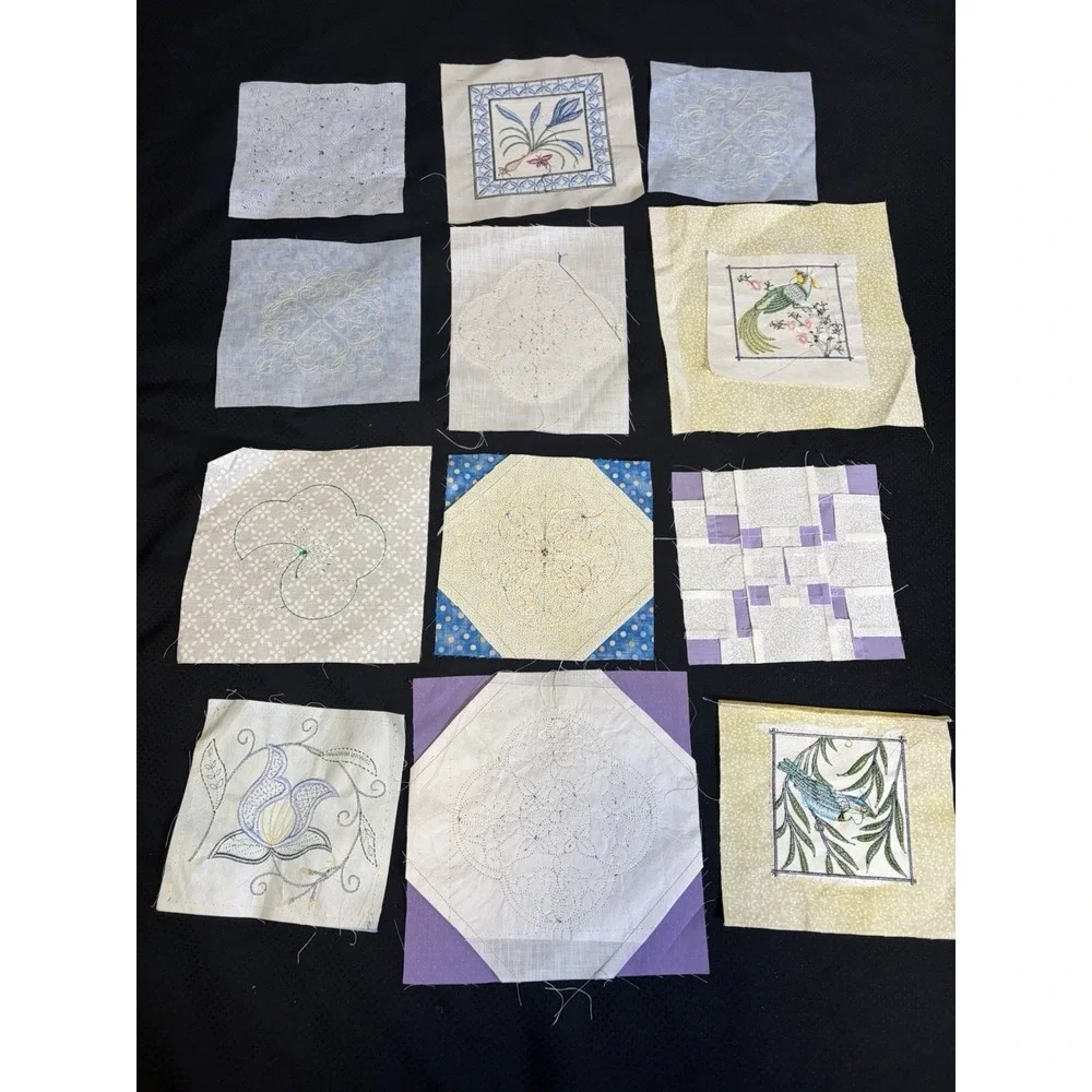 Set of 12 Vtg Quilt Blocks~ Machine Embroidered~Birds and Flowers~4-6
